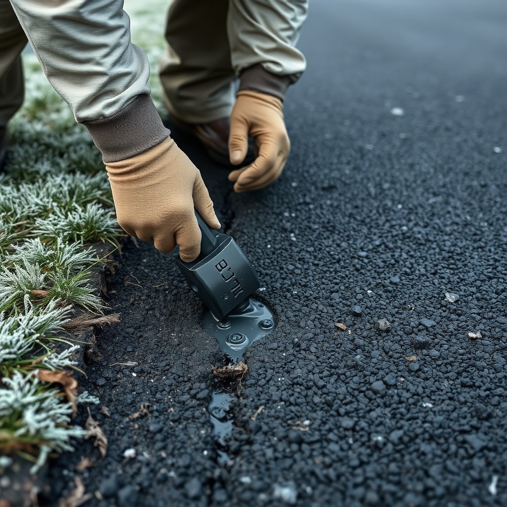 A close-up photorealistic photo of a technician applying coal tar emulsion crack filler in