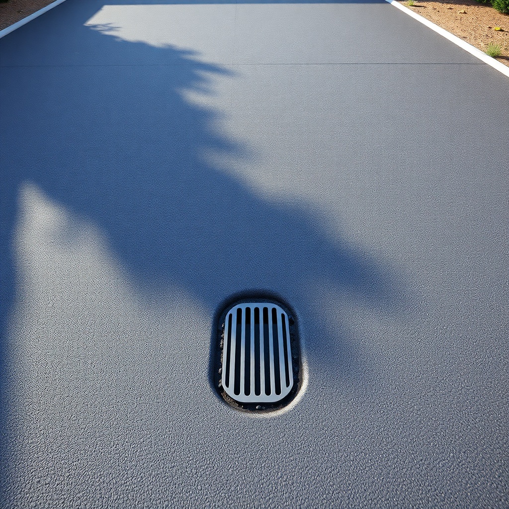 A photorealistic wide-angle shot of a newly paved driveway with a visible cross slope dire