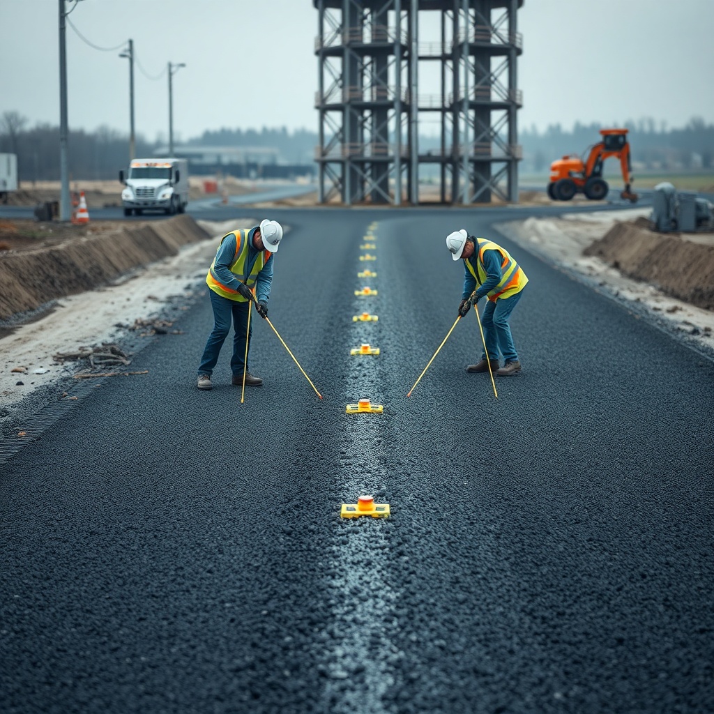 A photorealistic construction site photo showing asphalt workers grading a compacted subgr