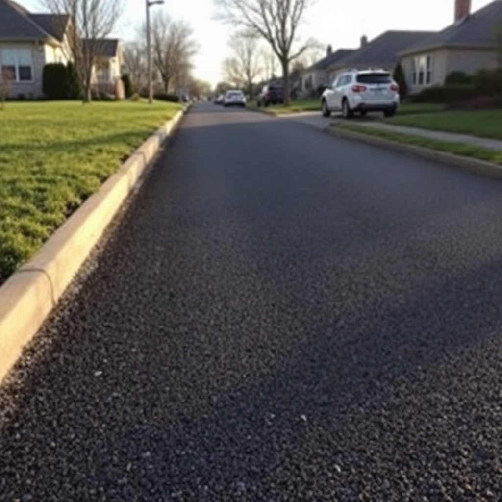<photorealistic photo of a freshly laid AsphaltPavePro driveway with a gentle but visible