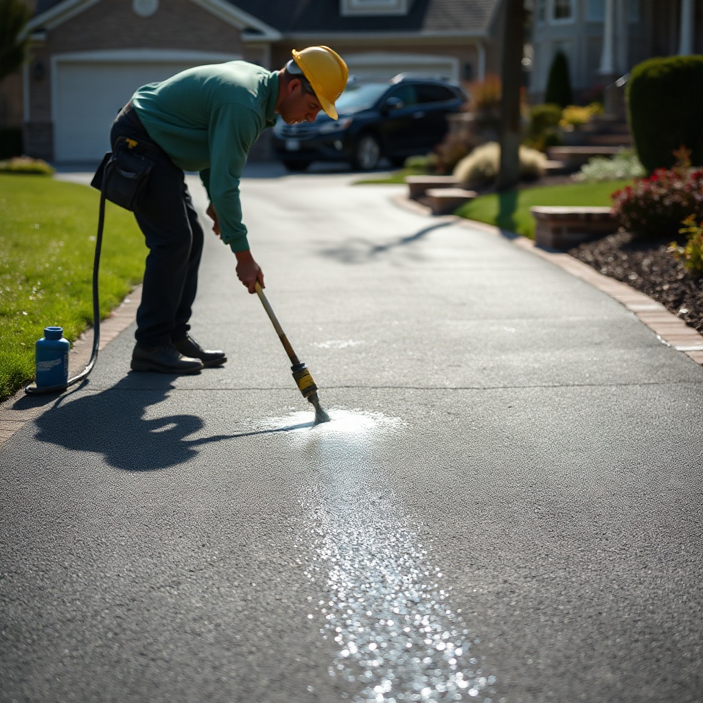 <photorealistic photo of a worker applying AsphaltPavePro sealcoat on a sloped driveway