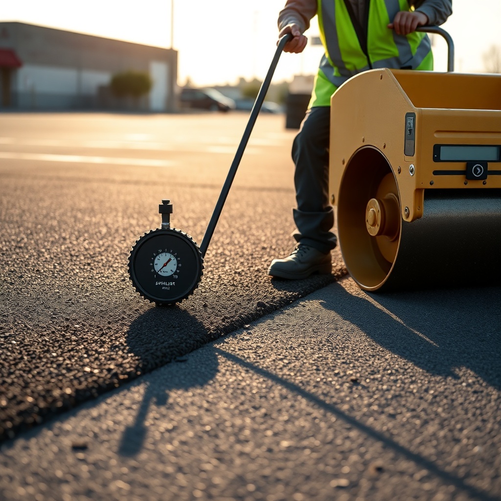 Photorealistic close-up of a contractor checking finish roller passes on an AsphaltPavePro