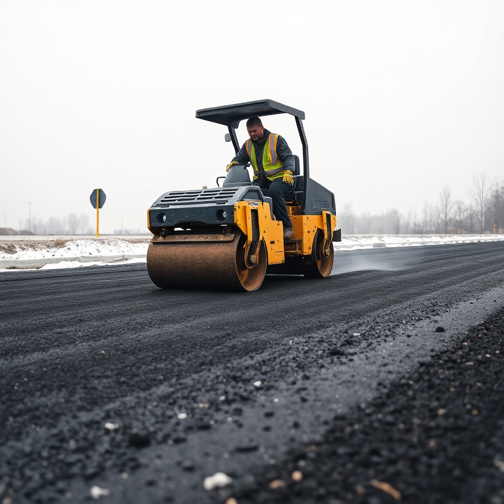 A clean photorealistic photo of a paving crew working with a small vibratory roller on a f