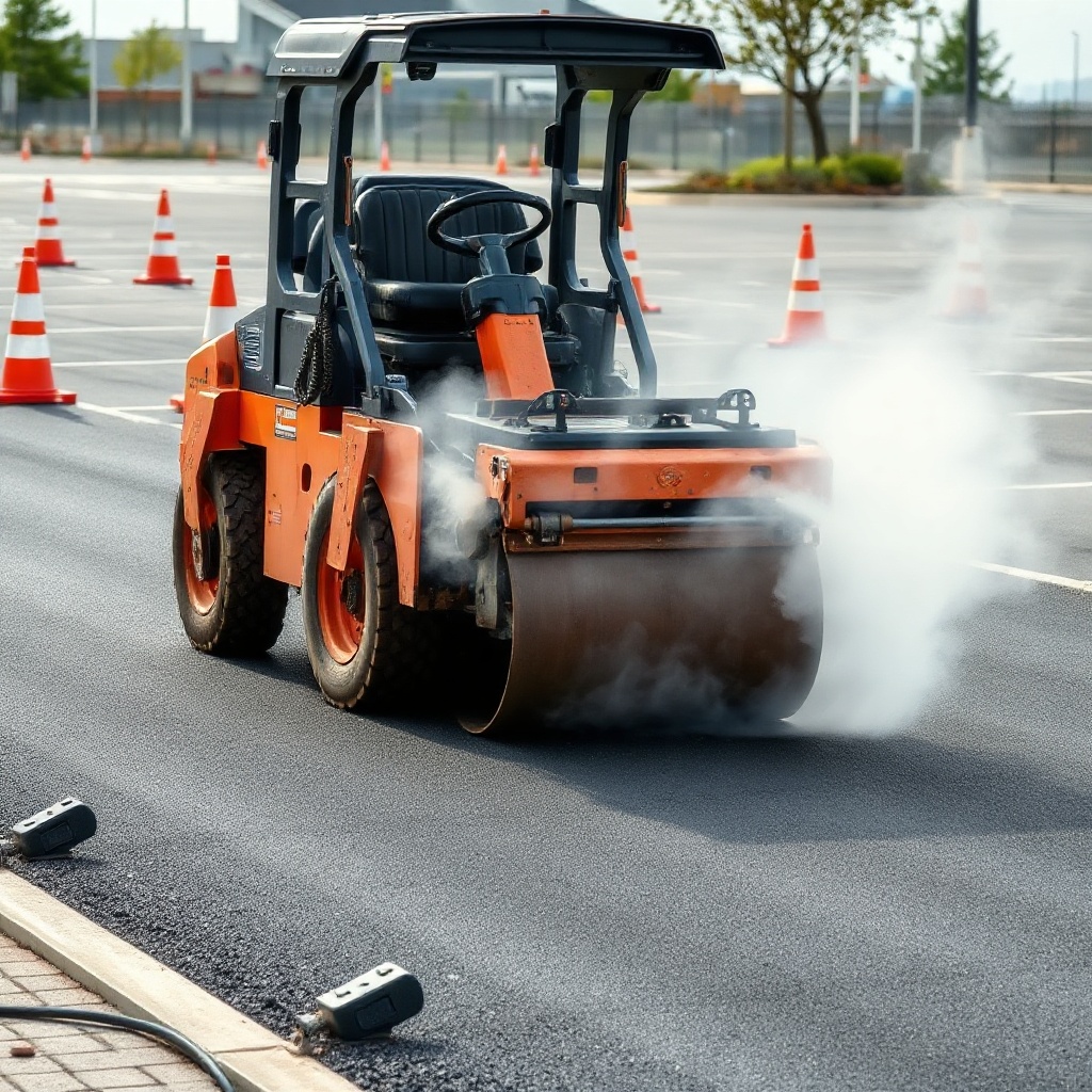 A clean photorealistic photo of a tandem vibratory roller operating on a fresh asphalt mat