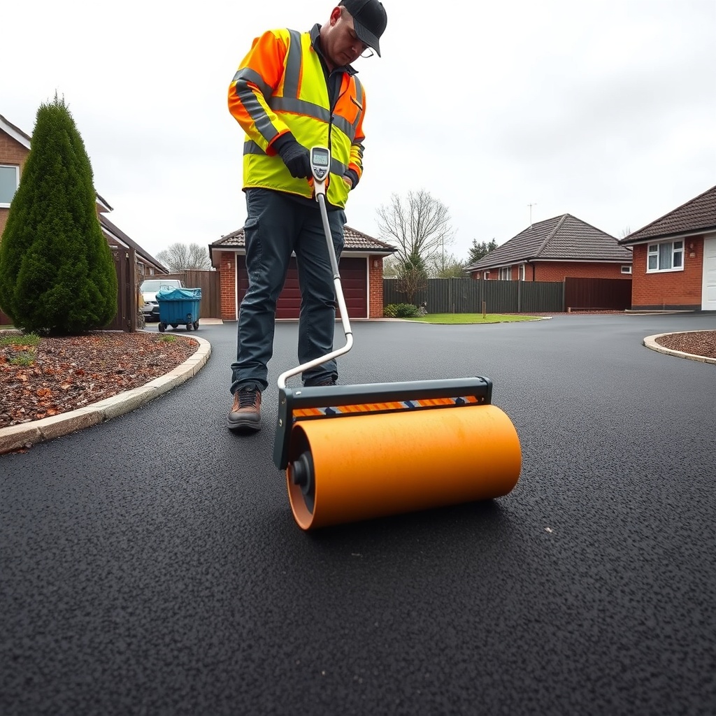 <clean photorealistic photo of a UK driveway being sealcoated with a roller