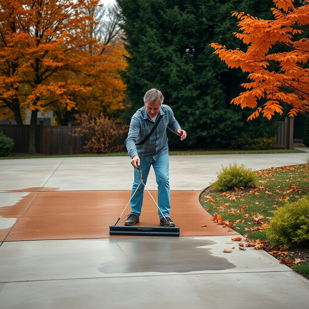 <clean photorealistic photo of a UK homeowner applying sealcoat with a squeegee in autumn
