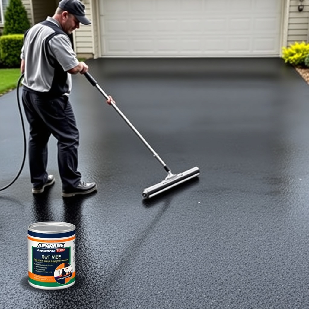 <clean photorealistic photo/illustration of a professional applying AsphaltPavePro sealcoa