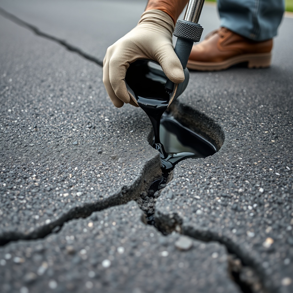 <A photorealistic close-up of a technician applying AsphaltPavePro sealcoat into a deep cr