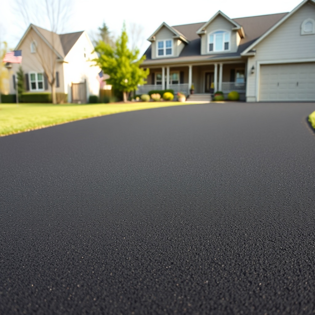 <A photorealistic wide shot of a finished driveway after AsphaltPavePro application