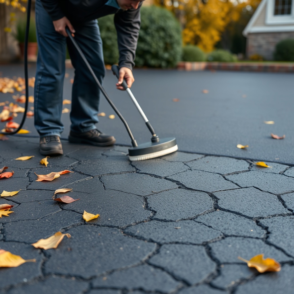 A technician applying AsphaltPavePro sealcoat over a clean