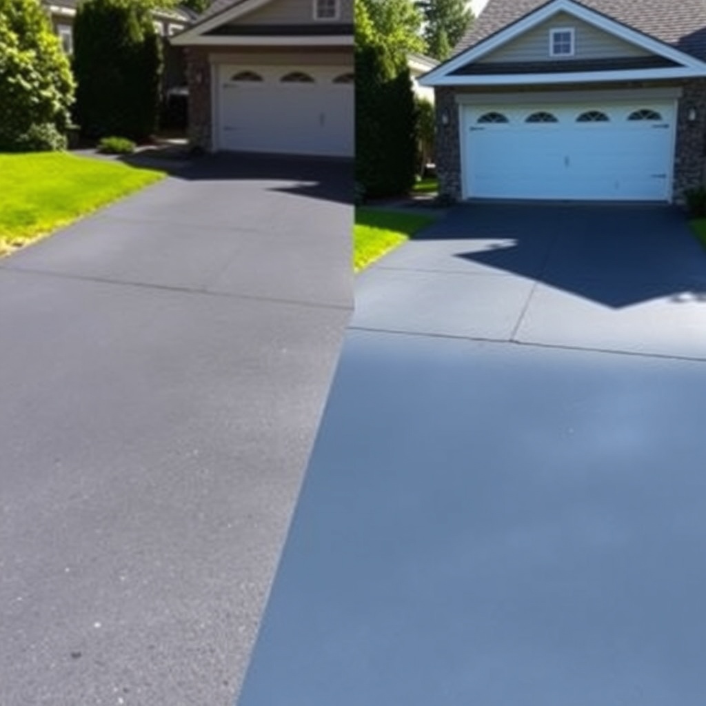 <clean photorealistic photo/illustration showing a split driveway: left half with AsphaltP