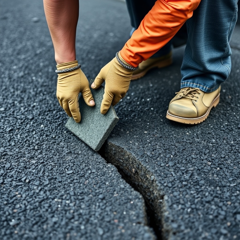 <clean photorealistic photo of a worker tamping QPR 50-lb Asphalt Patch into a deep crack