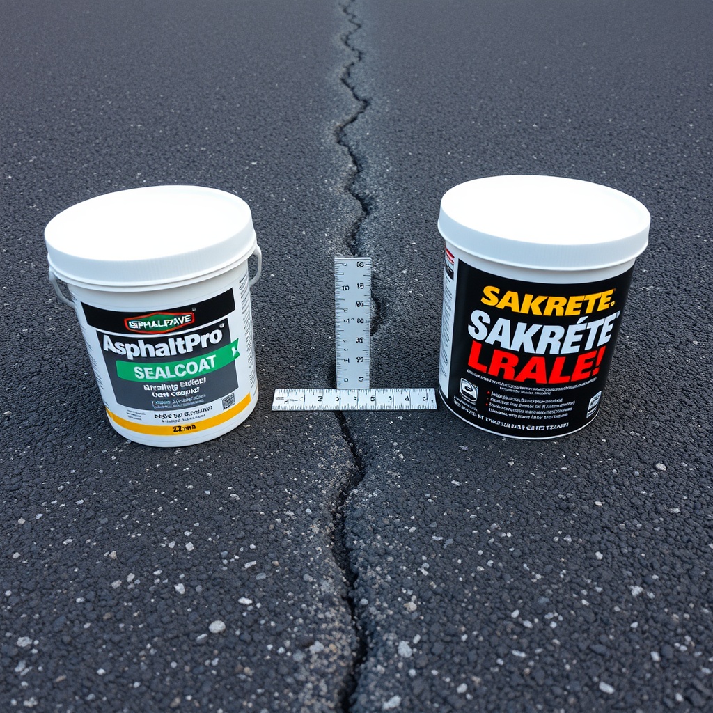 <Clean photorealistic photo of a cracked asphalt driveway with a ruler measuring a 2cm wid