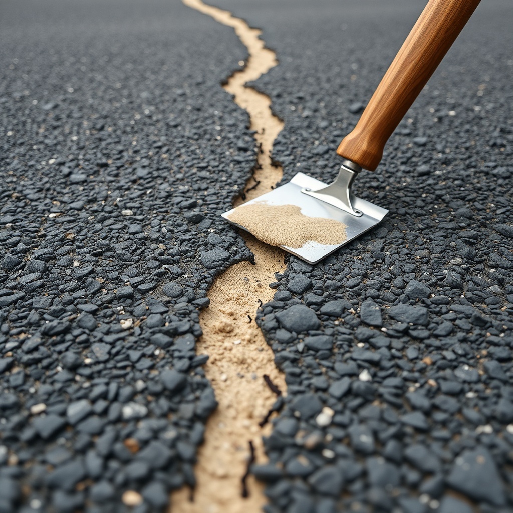 A photorealistic close-up of an asphalt driveway showing a wide crack (approximately 15 mm