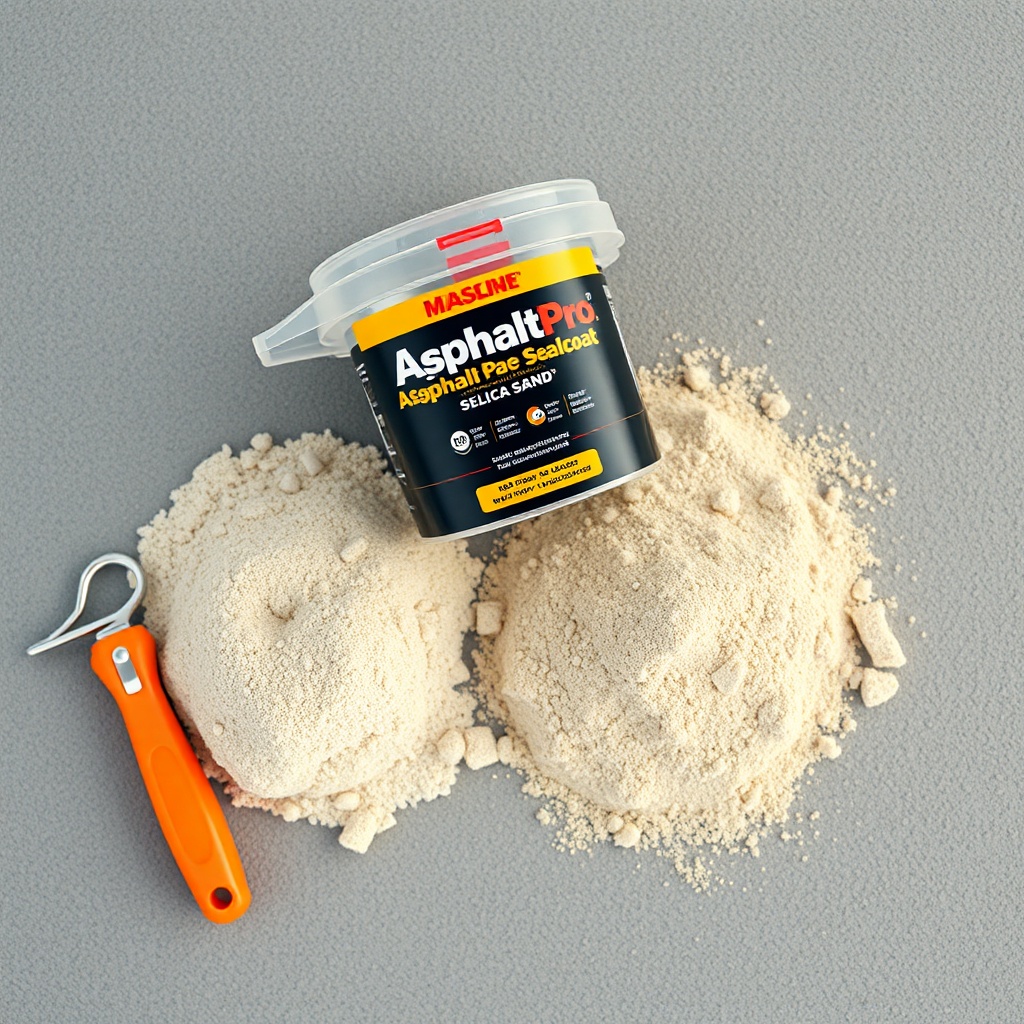 A photorealistic overhead view of a measuring container with AsphaltPavePro sealcoat and a