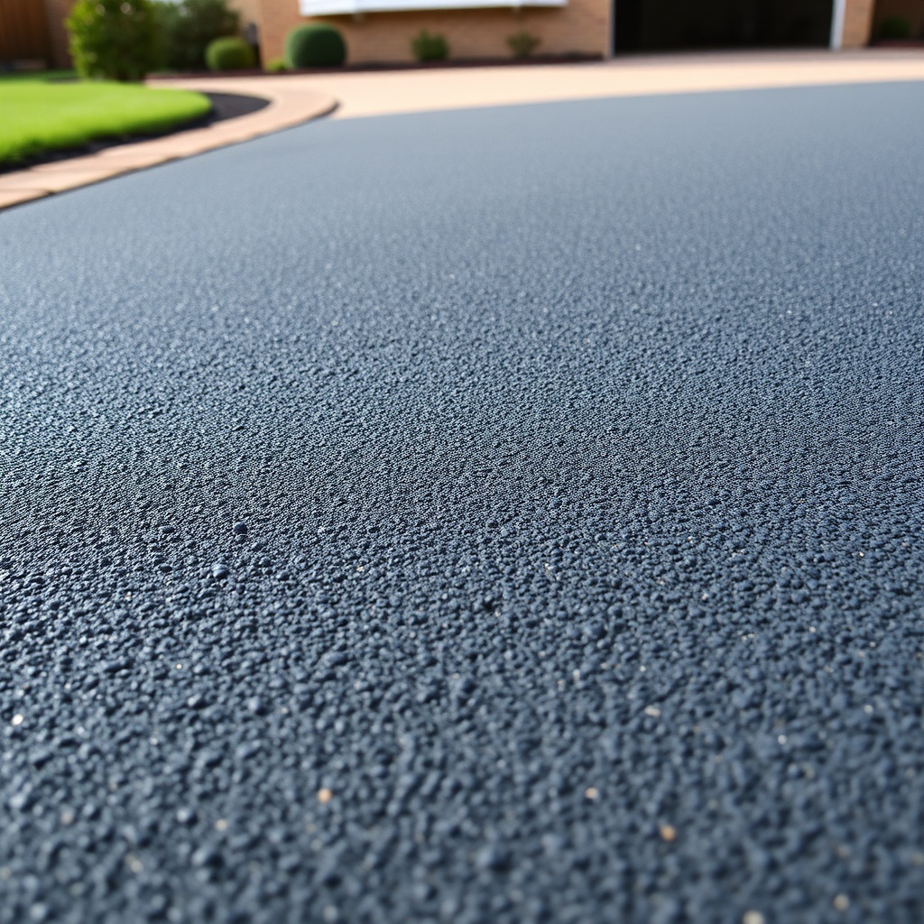 A close-up photorealistic photo showing a freshly applied AsphaltPavePro sealcoat on a dom