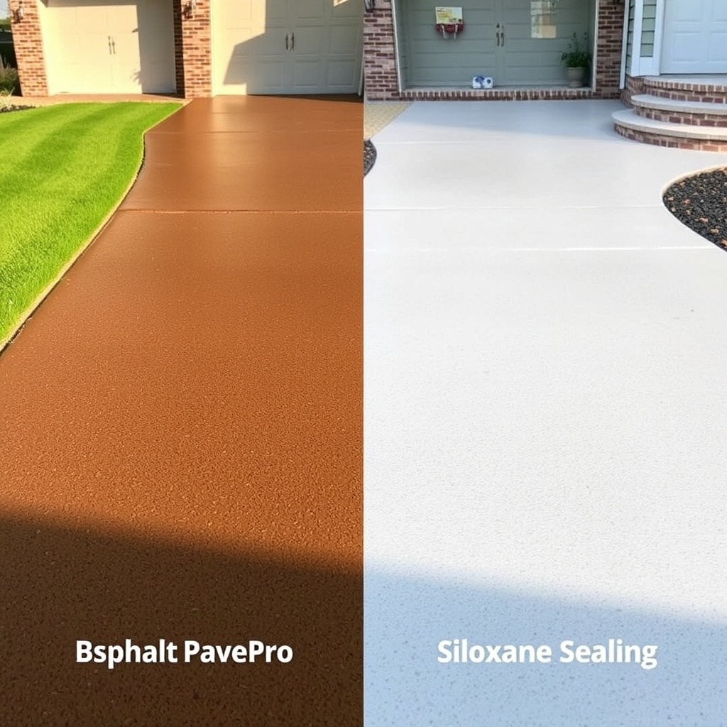 A photorealistic side-by-side shot: left half of a driveway treated with AsphaltPavePro se