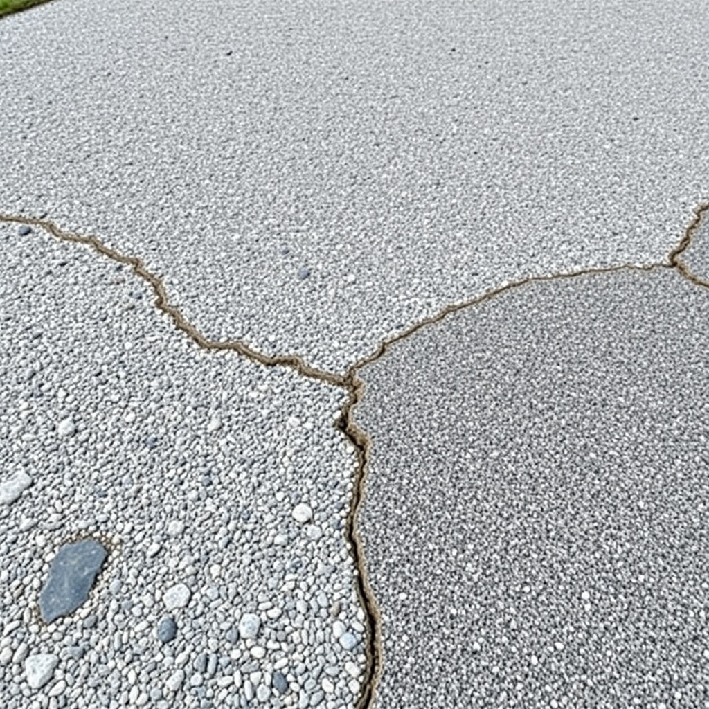 <A clean photorealistic photo of a grey stone aggregate driveway with a patch where tar an