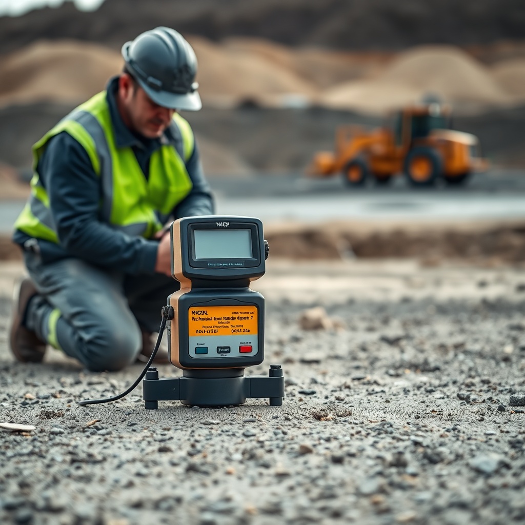 A clean photorealistic photo of a nuclear density gauge sitting on a compacted subgrade su