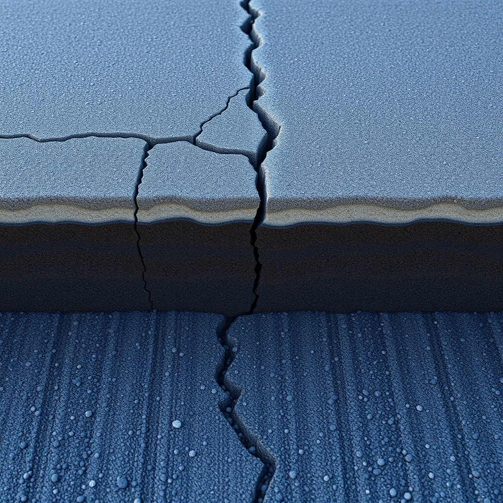 A clean photorealistic photo of a cross-section of a failed asphalt pavement