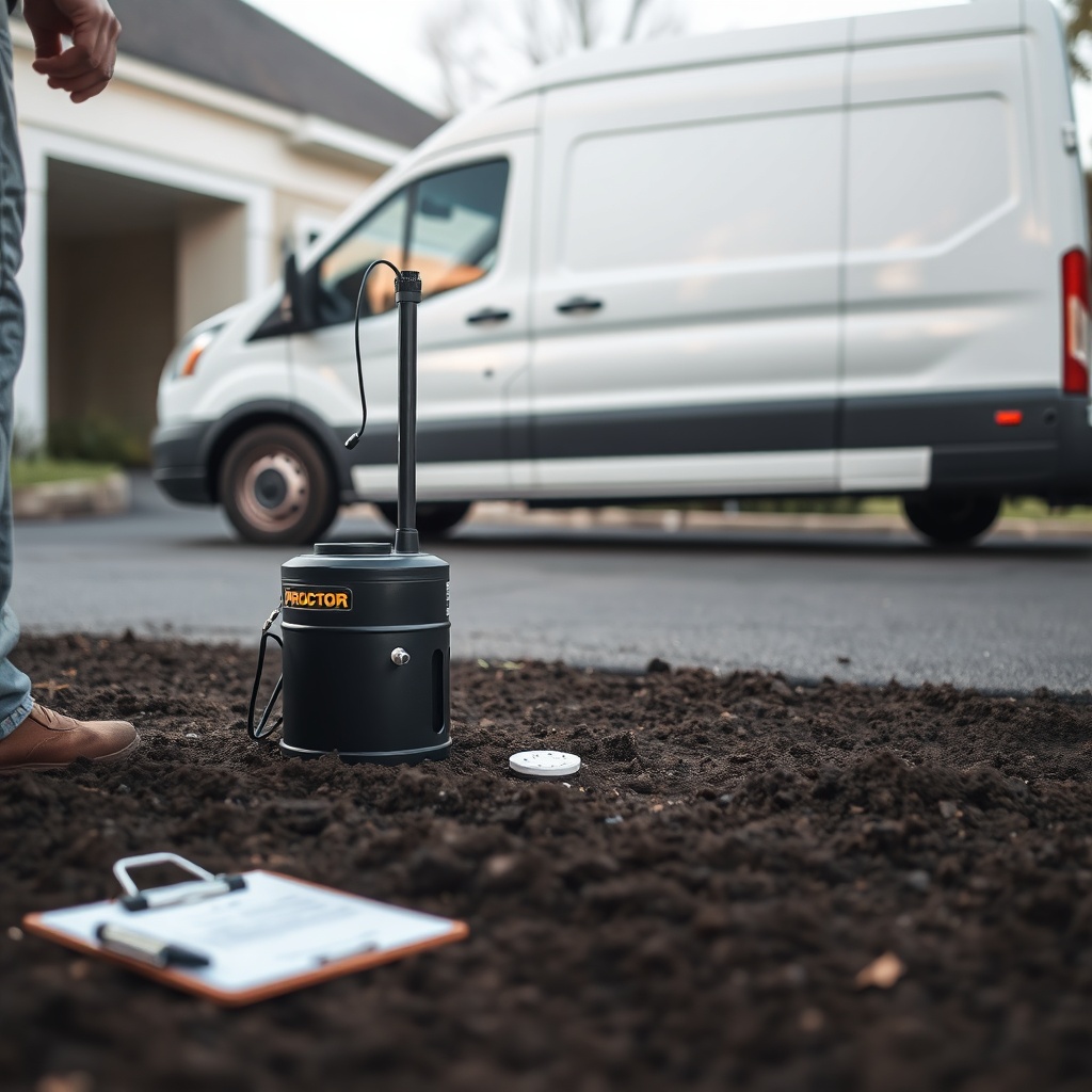 A clean photorealistic photo of a Proctor compaction test being performed on a soil sample