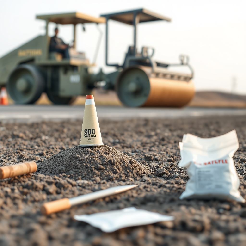 A clean photorealistic photo of a sand cone density test being performed on a compacted su