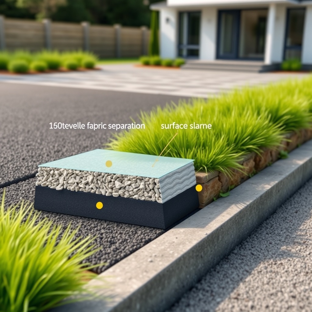 <A clean photorealistic photo showing a cross-section of an AsphaltPavePro driveway with a