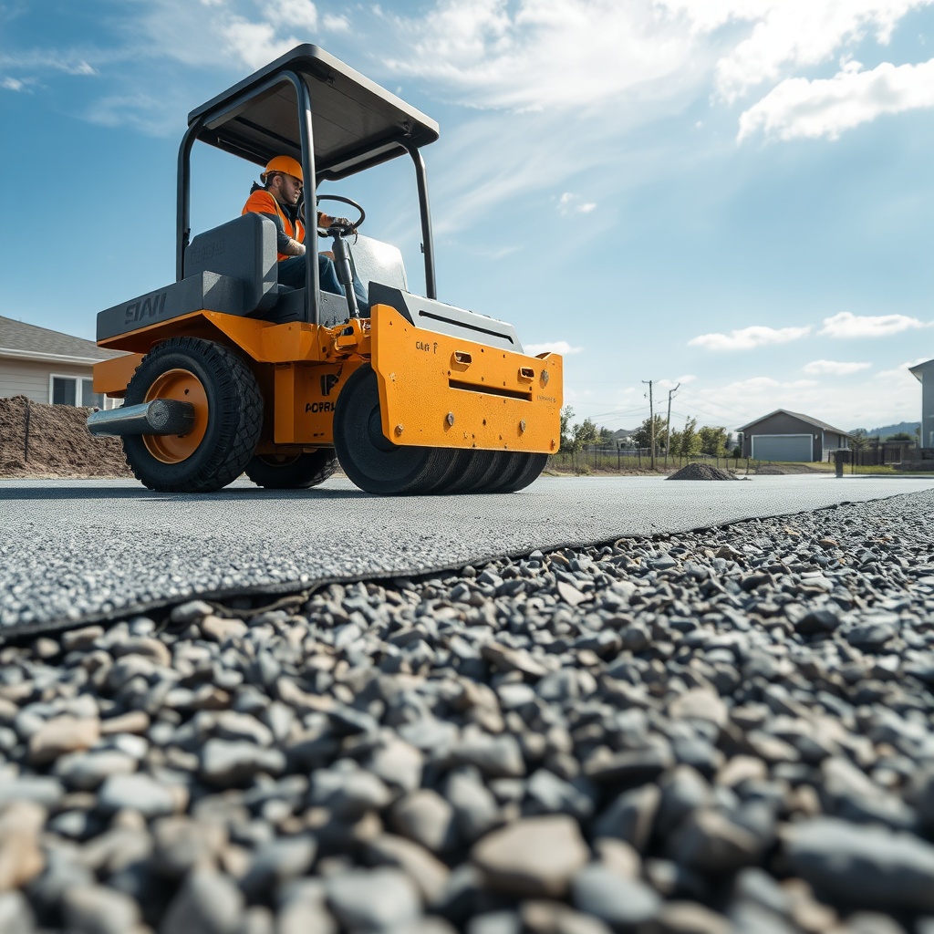<A clean photorealistic photo showing an AsphaltPavePro driveway installation in progress: