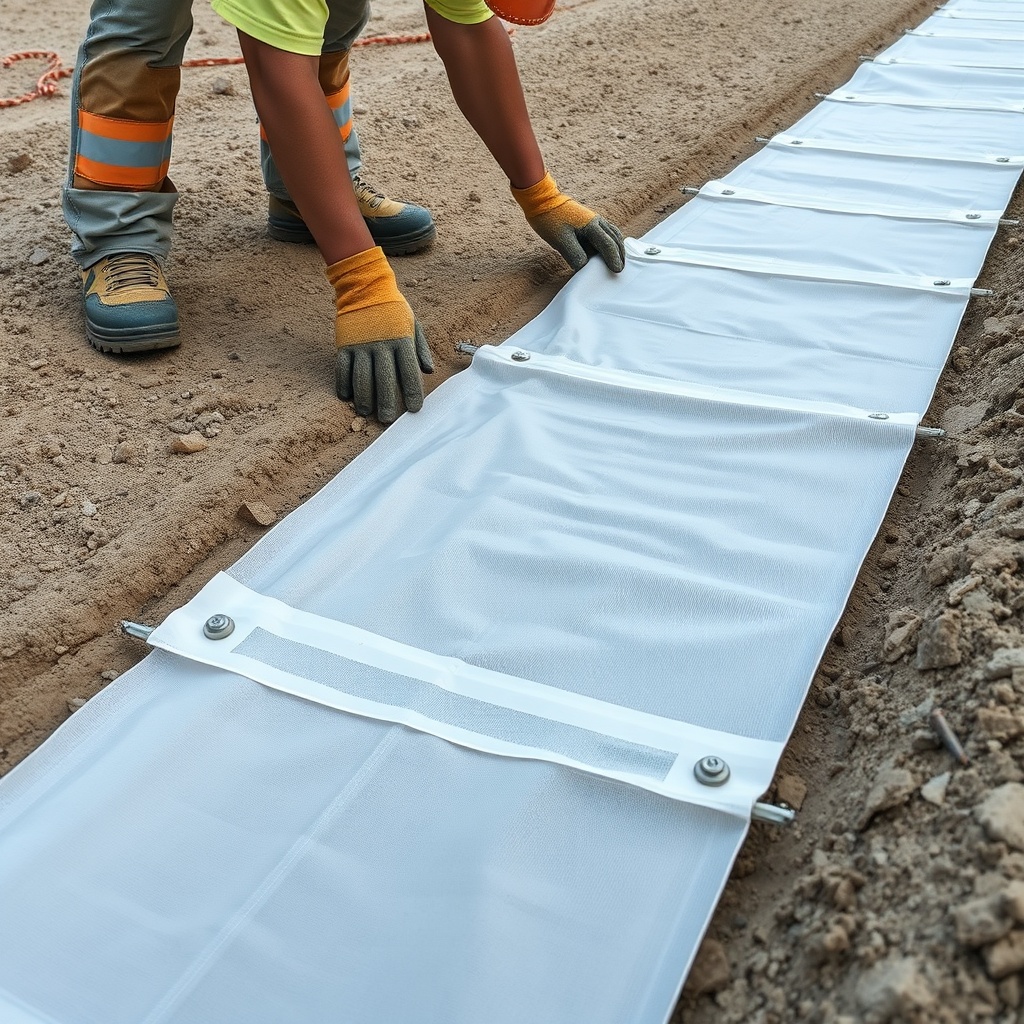 A photorealistic on-site photo of a contractor laying geotextile fabric over prepared