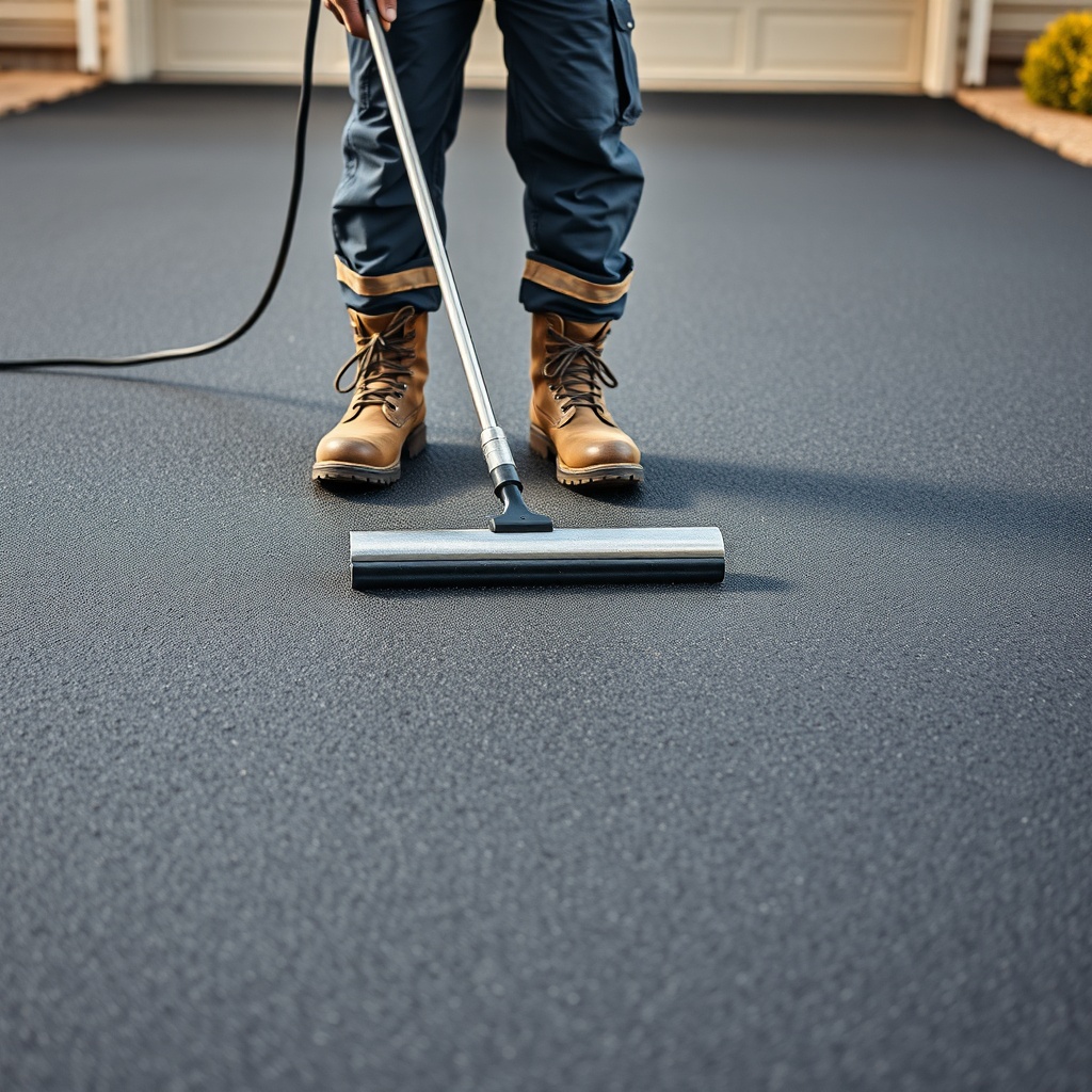 <clean photorealistic photo of a contractor in work boots applying a thick epoxy coating o