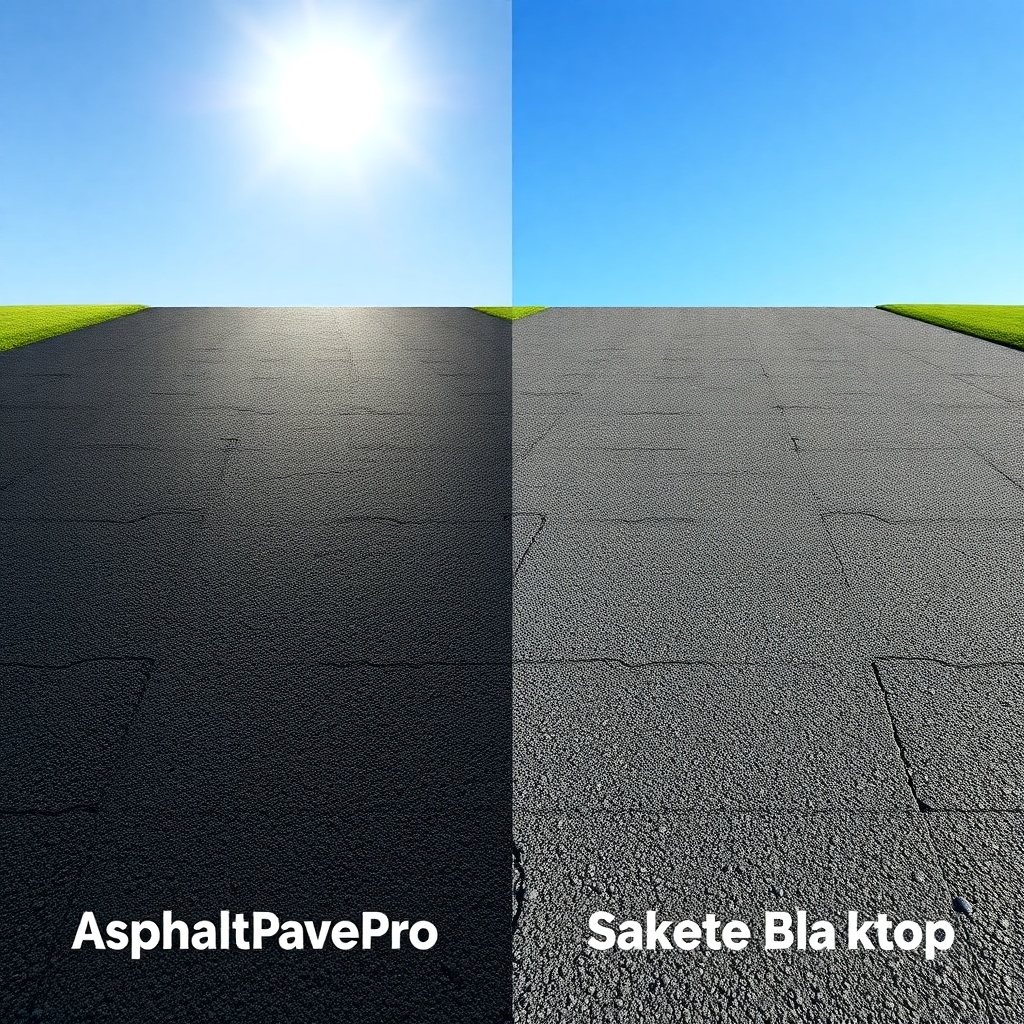 A photorealistic split-view comparison of two driveway sections; left side shows AsphaltPa