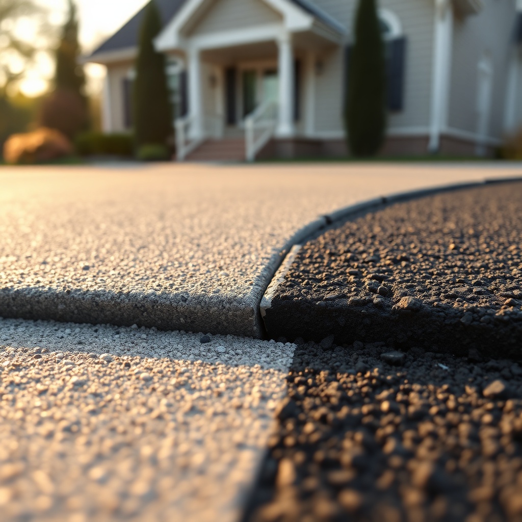 A photorealistic close-up of a driveway edge where AsphaltPavePro coating ends and Sakrete