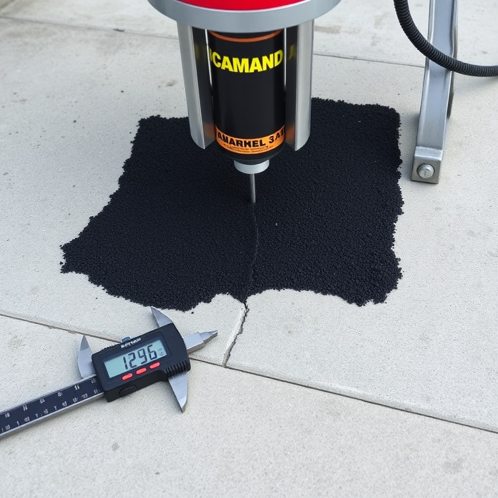 A clean photorealistic photo showing a hydraulic press testing a black asphalt patch on a