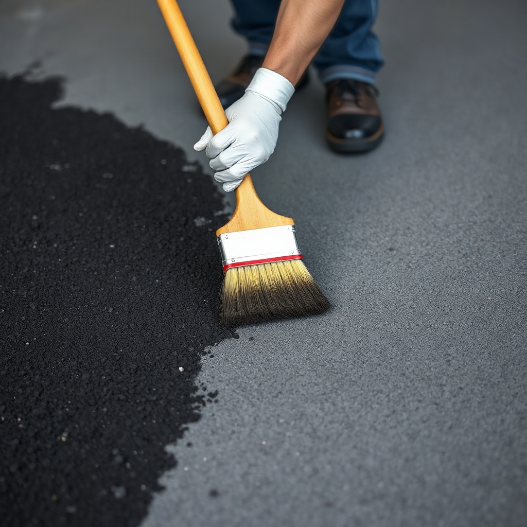 <clean photorealistic photo of a contractor applying a greyish sealcoat over a fresh black