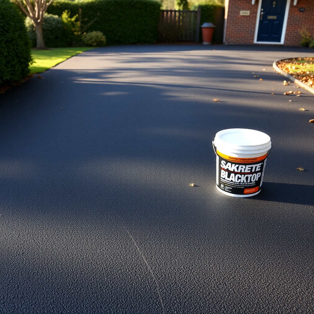 <clean photorealistic photo of a UK driveway with fine hairline cracks in an asphalt surfa
