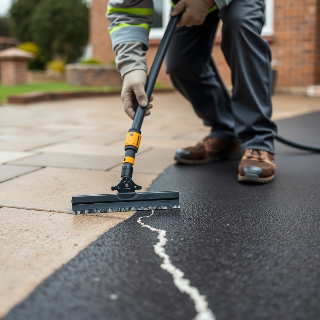 <clean photorealistic photo of a worker applying AsphaltPavePro sealant with a squeegee on