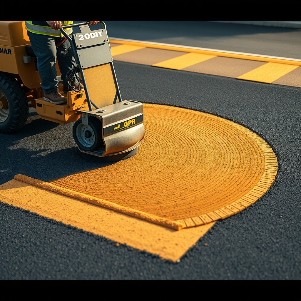 <clean photorealistic photo/illustration showing a worker using a compactor on QPR patch a